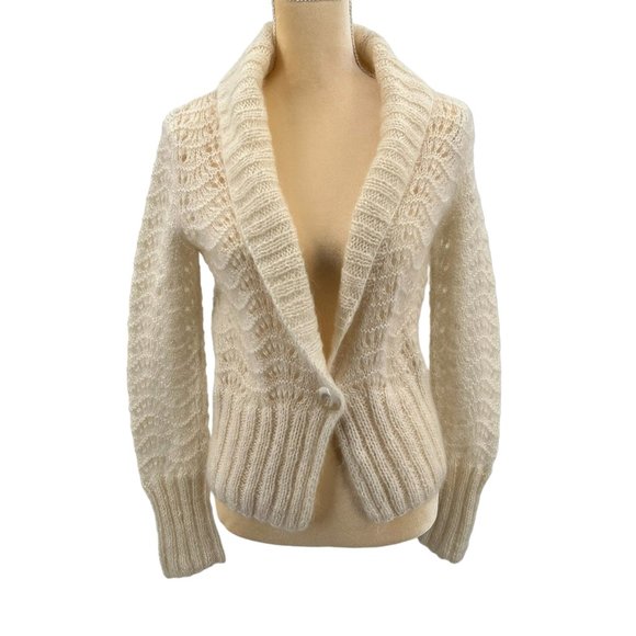 H&M Light Cream Lacey Pattern Cardigan Hand Knitted Acrylic, Mohair, Wool Size S - Picture 1 of 13